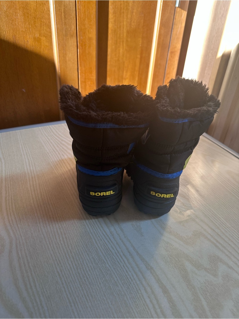 Sorel Kids Black Boots with Blue Trim